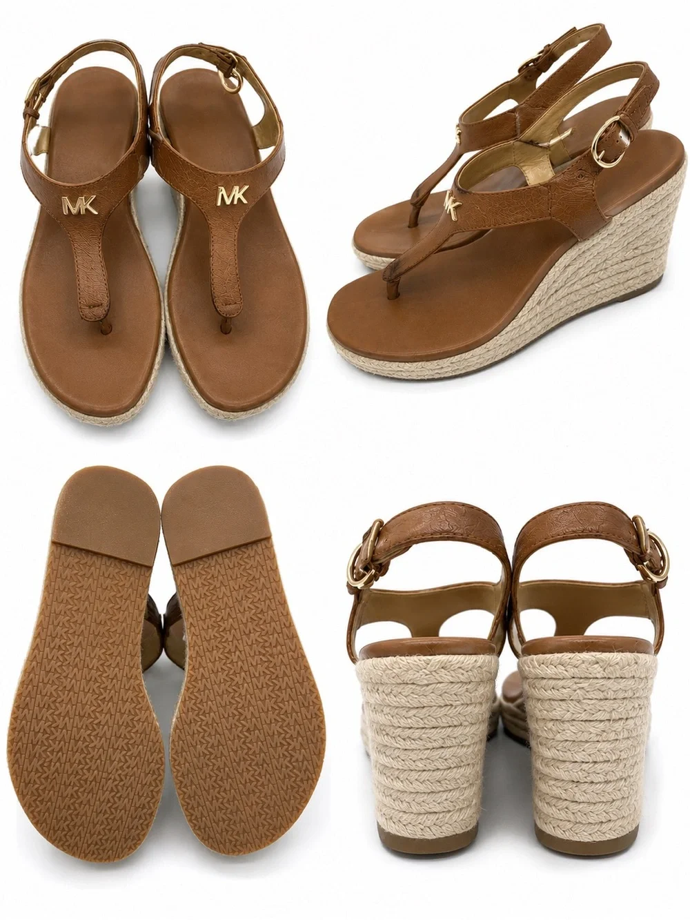 Michael Kors Tan Brown Leather Espadrille Wedge Sandals